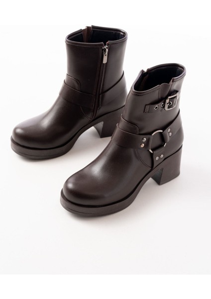 5109-3042 Kahverengi Toka Aksesuarlı Fermuarlı Kalın Topuklu Günlük Kadın Bot indirimleri