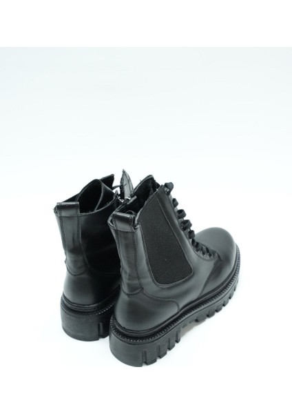 Yüksek Bpoğazlı Lastikli ve Bağcıklı Günlük Cilt Kadın Hafif Bot, Siyah fiyatları