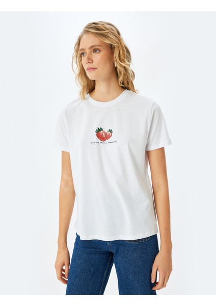 Pamuklu Kısa Kollu Bisiklet Yaka Çilek Baskılı T-Shirt modelleri
