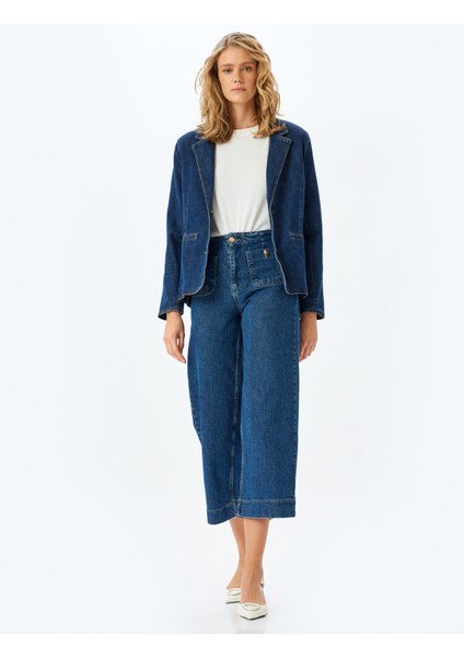 Yüksek Bel Rahat Kalıp Cepli Kısa Denim Pantolon - Culotte Jeans
