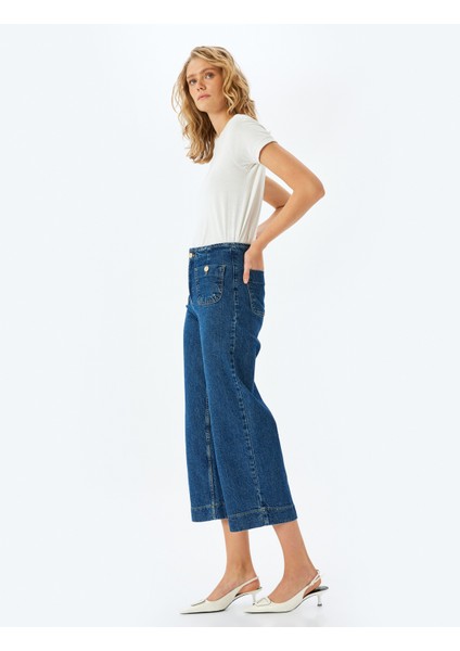 Yüksek Bel Rahat Kalıp Cepli Kısa Denim Pantolon - Culotte Jeans