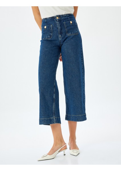 Yüksek Bel Rahat Kalıp Cepli Kısa Denim Pantolon - Culotte Jeans