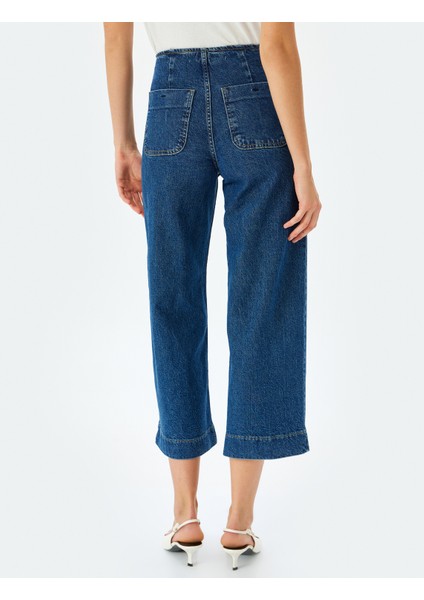 Yüksek Bel Rahat Kalıp Cepli Kısa Denim Pantolon - Culotte Jeans