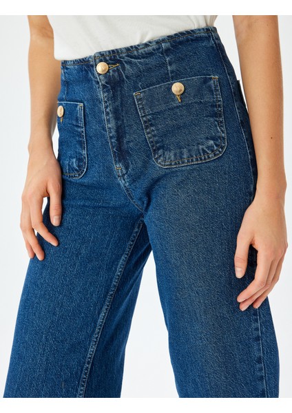 Yüksek Bel Rahat Kalıp Cepli Kısa Denim Pantolon - Culotte Jeans
