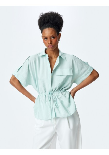 Aplike Detaylı Beli Bağlama Detaylı Kısa Kollu Viskon Gömlek modelleri