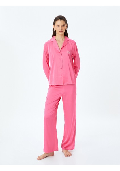 Gömlek Yaka Uzun Kollu Düğmeli Saten Pijama Takımı