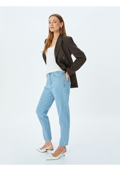 Yüksek Bel Bol Kalıp Düz Kısa Paça Düğmeli Cepli Pamuklu Kot Pantolon - Mom Jean fiyatları