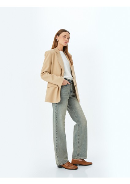 Düz Paça Normal Bel Düz Kesim Düğmeli Pamuklu Kot Pantolon - Straight Fit Jean
