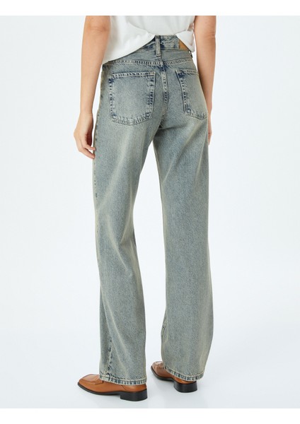 Düz Paça Normal Bel Düz Kesim Düğmeli Pamuklu Kot Pantolon - Straight Fit Jean fırsatları