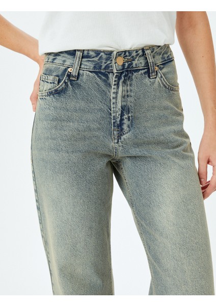 Düz Paça Normal Bel Düz Kesim Düğmeli Pamuklu Kot Pantolon - Straight Fit Jean indirimleri
