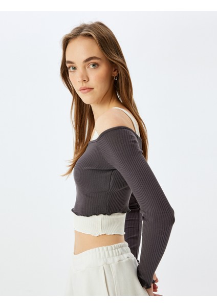Uzun Kollu Atletli Kayık Yaka Crop Kaşkorse Slim Fit T-Shirt