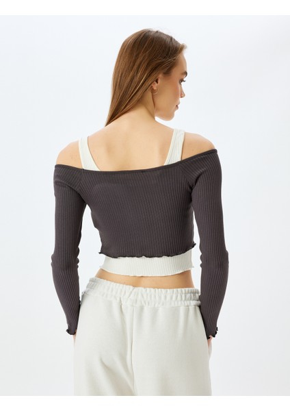 Uzun Kollu Atletli Kayık Yaka Crop Kaşkorse Slim Fit T-Shirt fırsatları