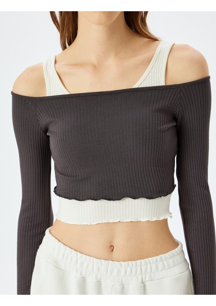 Uzun Kollu Atletli Kayık Yaka Crop Kaşkorse Slim Fit T-Shirt indirimleri