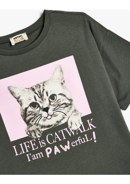 T-Shirt Kedi Baskılı Bisiklet Yaka Kısa Kollu Pamuklu