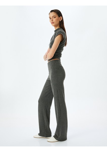 Slim Fit Dokulu Yüksek Bel Bol Paça Pantolon