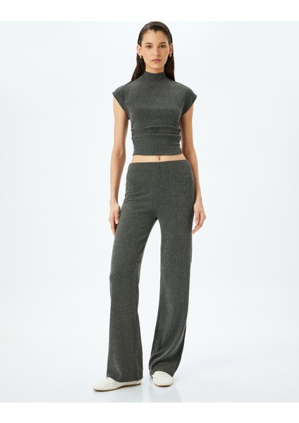 Slim Fit Dokulu Yüksek Bel Bol Paça Pantolon