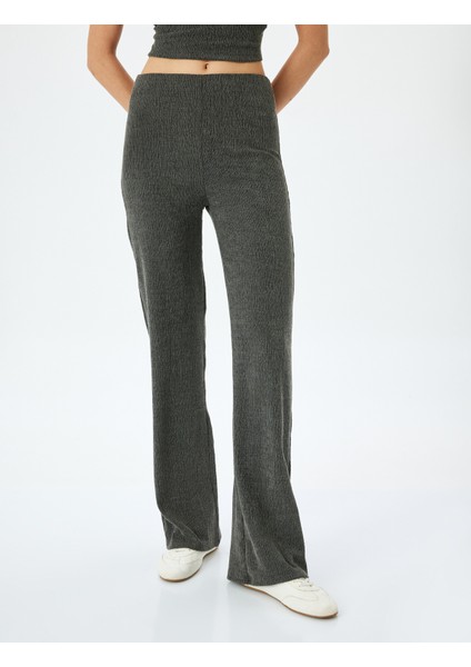 Slim Fit Dokulu Yüksek Bel Bol Paça Pantolon