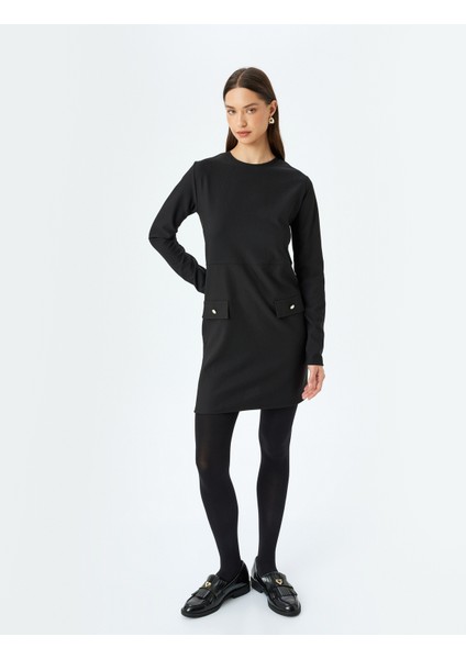 Aplike Detaylı Uzun Kollu Yuvarlak Yaka Mini Elbise modelleri