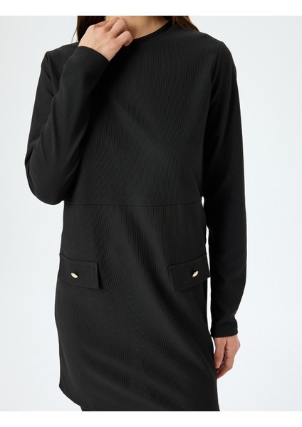 Aplike Detaylı Uzun Kollu Yuvarlak Yaka Mini Elbise indirimleri