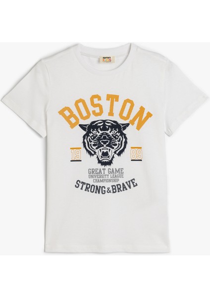 T-Shirt Kaplan Baskılı Kısa Kollu Bisiklet Yaka Pamuklu