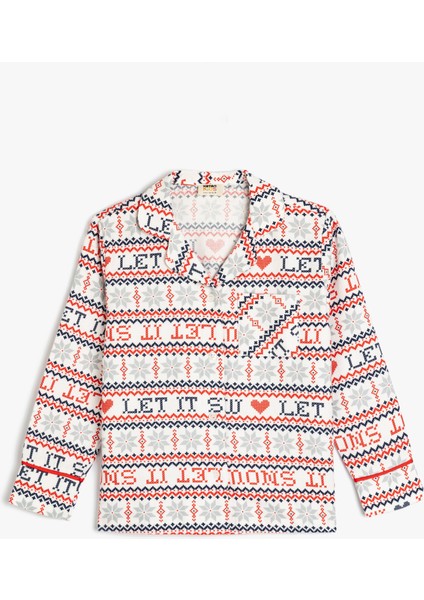 Yılbaşı Desenli Pamuklu Uzun Kollu Pijama Üstü