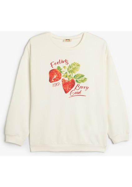 Sweatshirt Çilek Baskılı Uzun Kollu Bisiklet Yaka Pamuklu