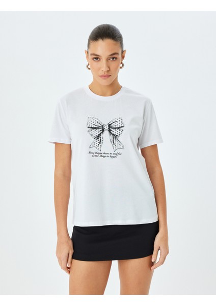 Pamuklu Kısa Kollu Bisiklet Yaka Fiyonk Baskılı T-Shirt modelleri