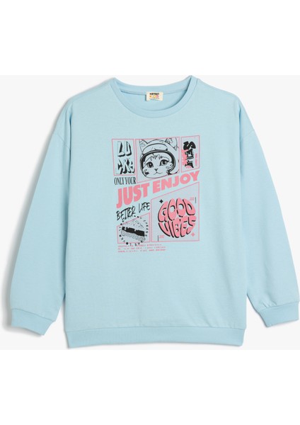 Sweatshirt Uzun Kollu Kedi Baskılı Bisiklet Yaka Pamuklu