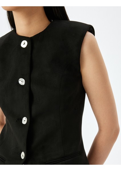 Düğmeli Fleto Cepli Bisiklet Yaka Slim Fit Yelek