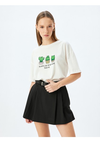 Kaktüs Baskılı Bisiklet Yaka Kısa Kollu T-Shirt