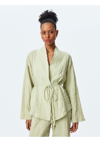 Pamuklu Kemer Detaylı Dokulu Uzun Kollu Kimono modelleri