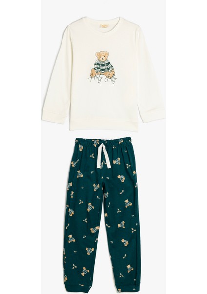 Teddy Bear Baskılı Uzun Kollu Pamuklu Pijama Takımı