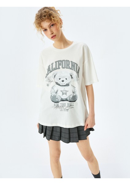 Ayı Baskılı Oversize Bisiklet Yaka Kısa Kollu T-Shirt