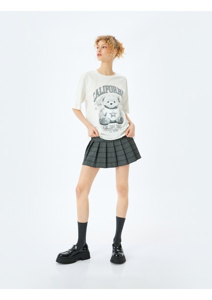 Ayı Baskılı Oversize Bisiklet Yaka Kısa Kollu T-Shirt
