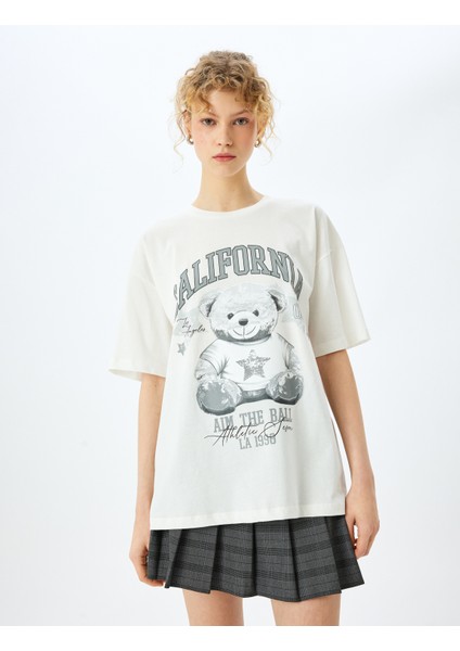 Ayı Baskılı Oversize Bisiklet Yaka Kısa Kollu T-Shirt