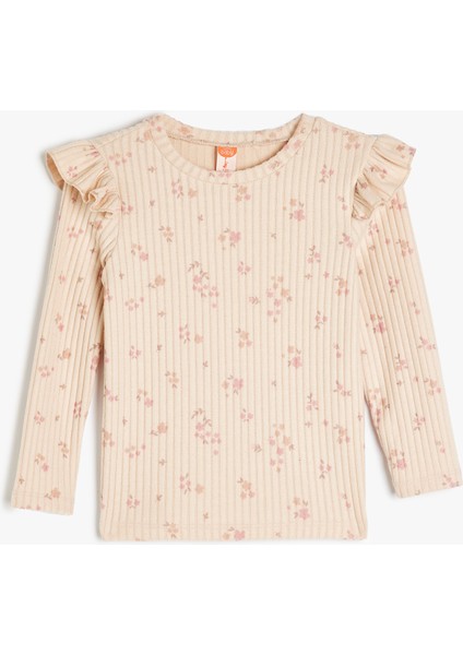Çiçek Desenli Fırfır Detaylı Uzun Kollu Bisiklet Yaka T-Shirt