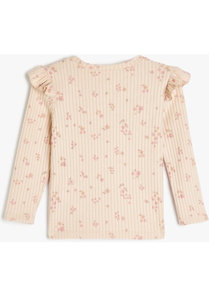 Çiçek Desenli Fırfır Detaylı Uzun Kollu Bisiklet Yaka T-Shirt fiyatları