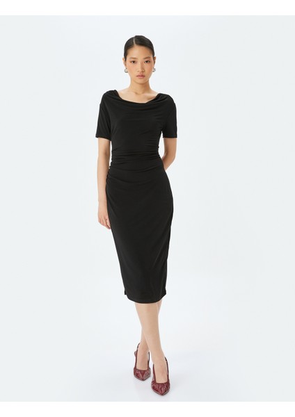 Yuvarlak Yaka Kısa Kollu Midi Boy Kalem Elbise