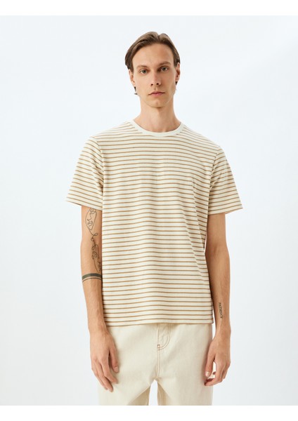 Bisiklet Yaka Kısa Kollu Pamuk Karışımlı Çizgili Oversize T-Shirt modelleri