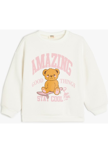 Ayıcık Baskılı Bisiklet Yaka Uzun Kollu Sweatshirt