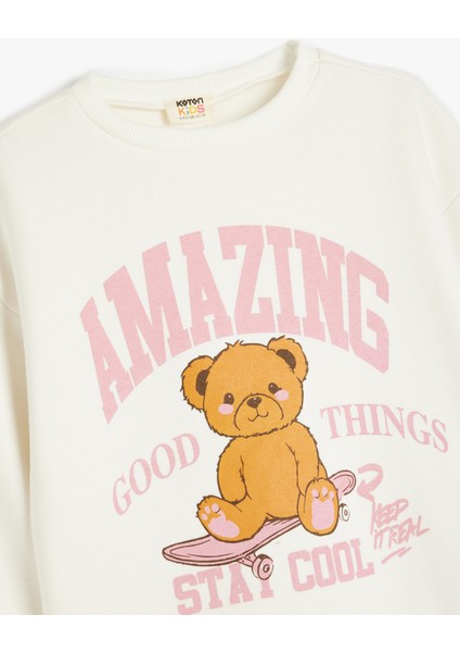 Ayıcık Baskılı Bisiklet Yaka Uzun Kollu Sweatshirt