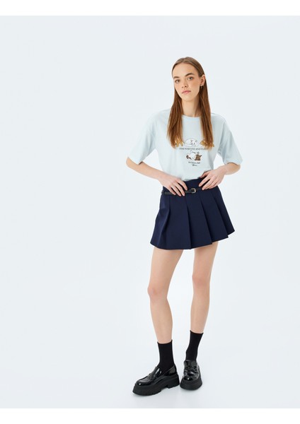 Kedi Baskılı Kısa Kollu Bisiklet Yaka Oversize T-Shirt