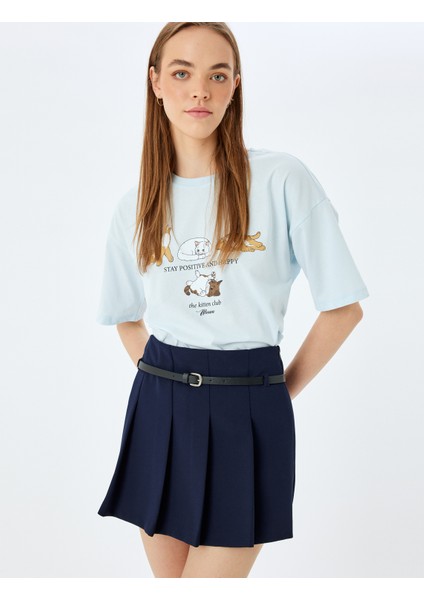 Kedi Baskılı Kısa Kollu Bisiklet Yaka Oversize T-Shirt fiyatları