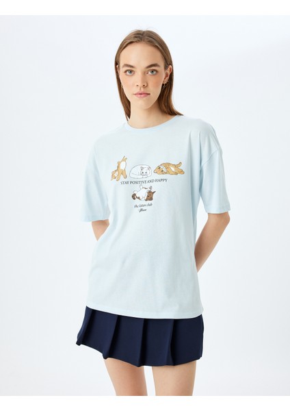 Kedi Baskılı Kısa Kollu Bisiklet Yaka Oversize T-Shirt modelleri