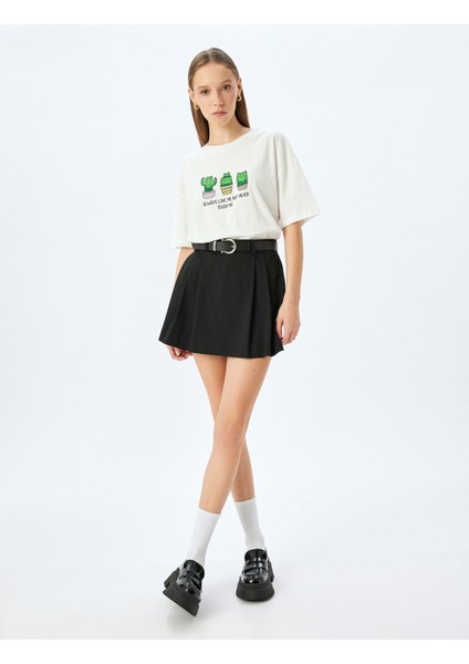 Kaktüs Baskılı Bisiklet Yaka Kısa Kollu T-Shirt