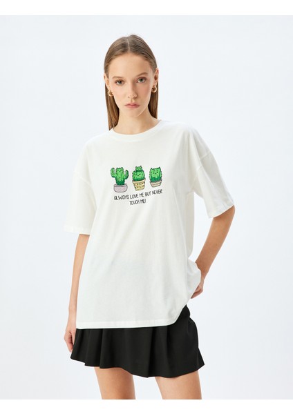 Kaktüs Baskılı Bisiklet Yaka Kısa Kollu T-Shirt