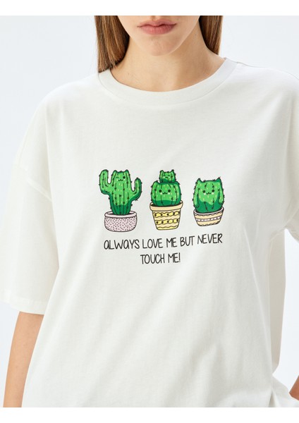 Kaktüs Baskılı Bisiklet Yaka Kısa Kollu T-Shirt