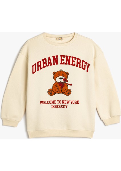 Ayıcık Baskılı Uzun Kollu Bisiklet Yaka Sweatshirt