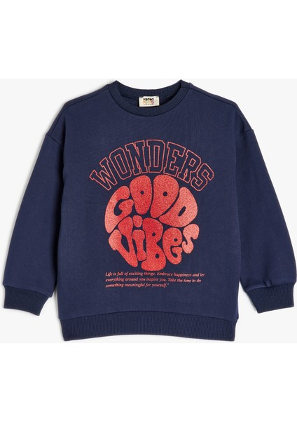 Slogan Baskılı Uzun Kollu Bisiklet Yaka Pamuklu Sweatshirt