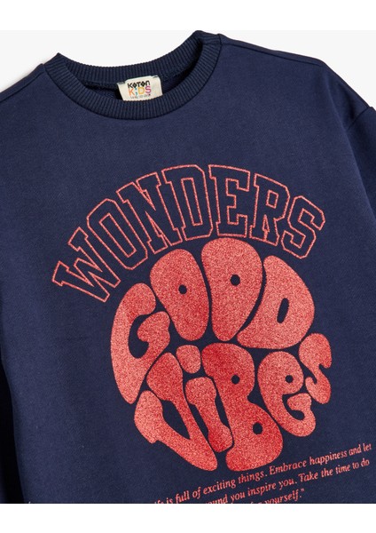 Slogan Baskılı Uzun Kollu Bisiklet Yaka Pamuklu Sweatshirt